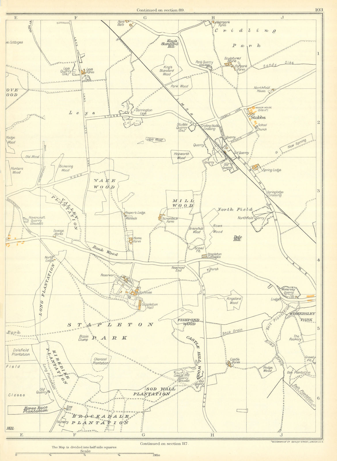 YORKSHIRE Mill Wood Stapleton Park Cridling Sod Wall Brockadale Stubbs 1935 map
